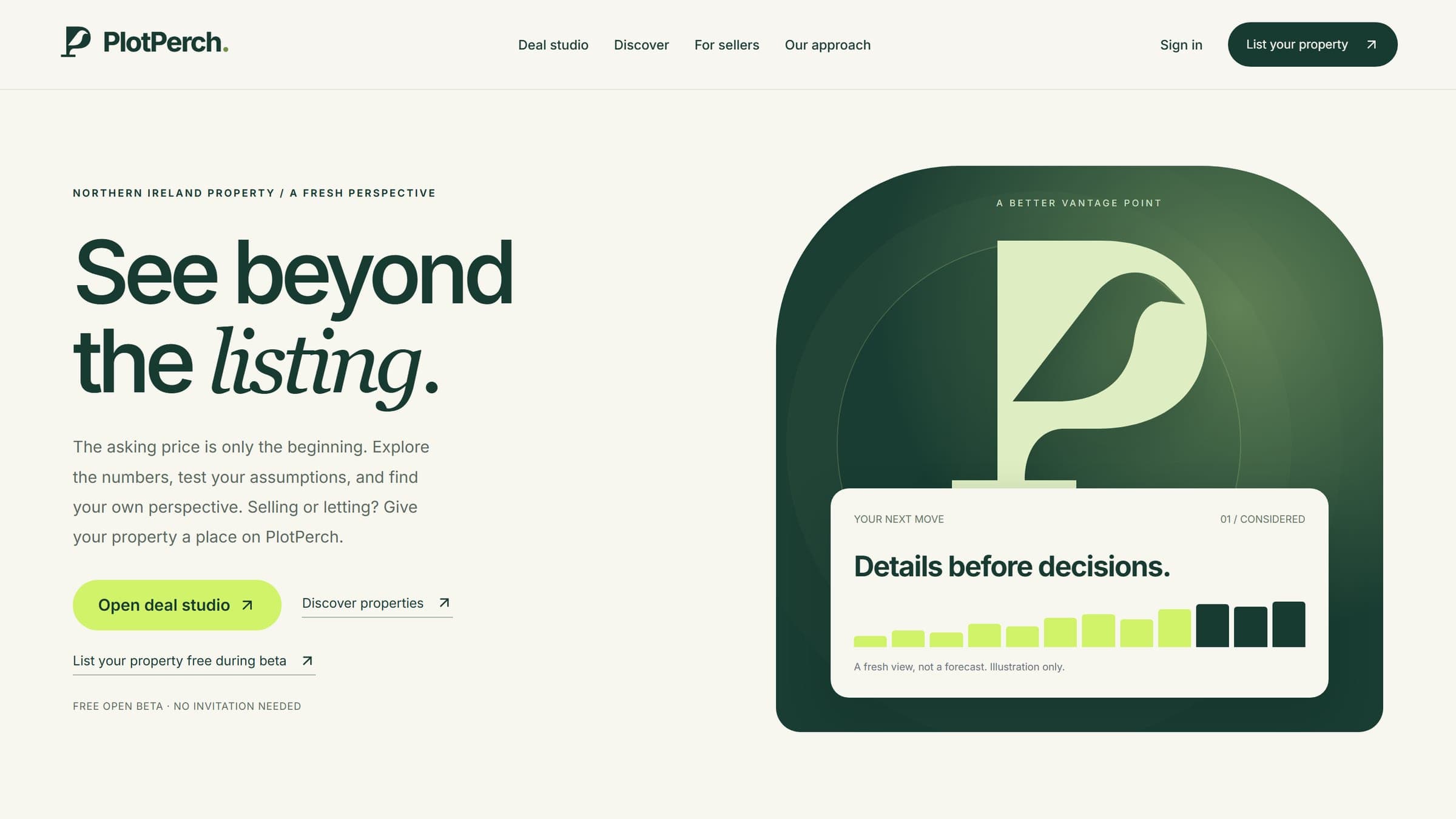 PlotPerch homepage with the headline See beyond the listing and an illustrated deal preview