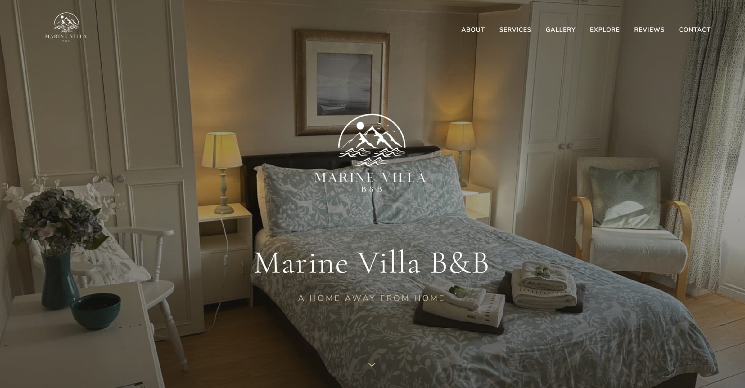 The Marine Villa B&B website, showing a guest bedroom and the booking navigation